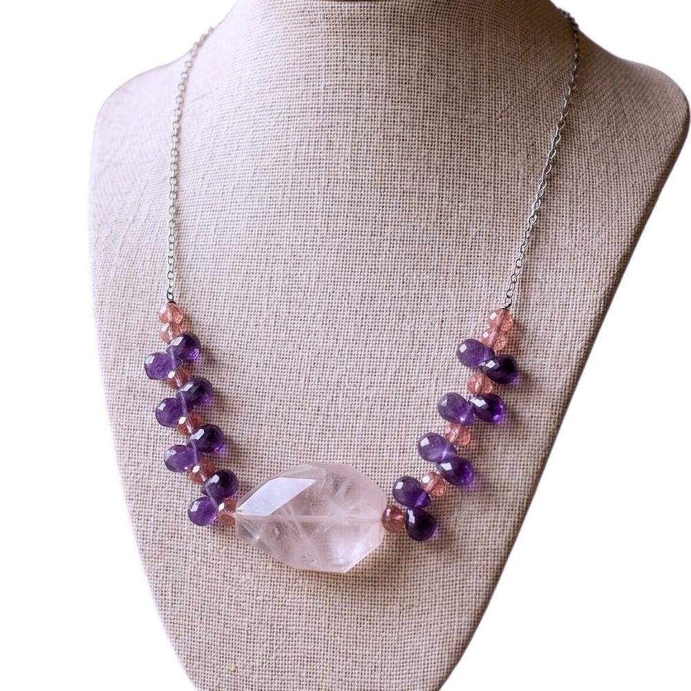 925 Sterling Silver Natural Rose Quartz Amethyst Briolette Statement Necklace
